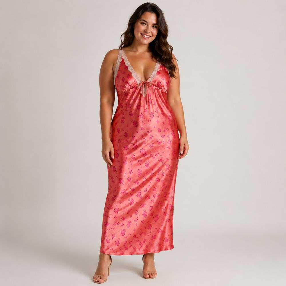Satin Slip Dress Floral Lace Pink Maxi Y2K 90s‎ XL Coquette Fairycore